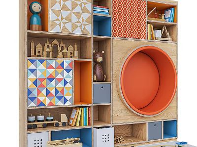 Wooden Side Cabinet With Round Orange Seat And Colorful Storage For Kids Toys Books 3d model
