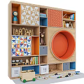 Wooden Side Cabinet With Round Orange Seat And Colorful Storage For Kids Toys Books