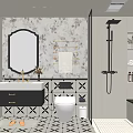 Modern Bathroom Interior With Floral Wallpaper Octagonal Mirror Black Vanity And Geometric Floor Tiles