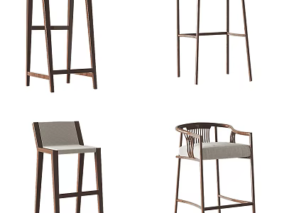 Modern Stylish Bar Stools With Wooden Frame Various Back Designs And Upholstered Seats 3d model