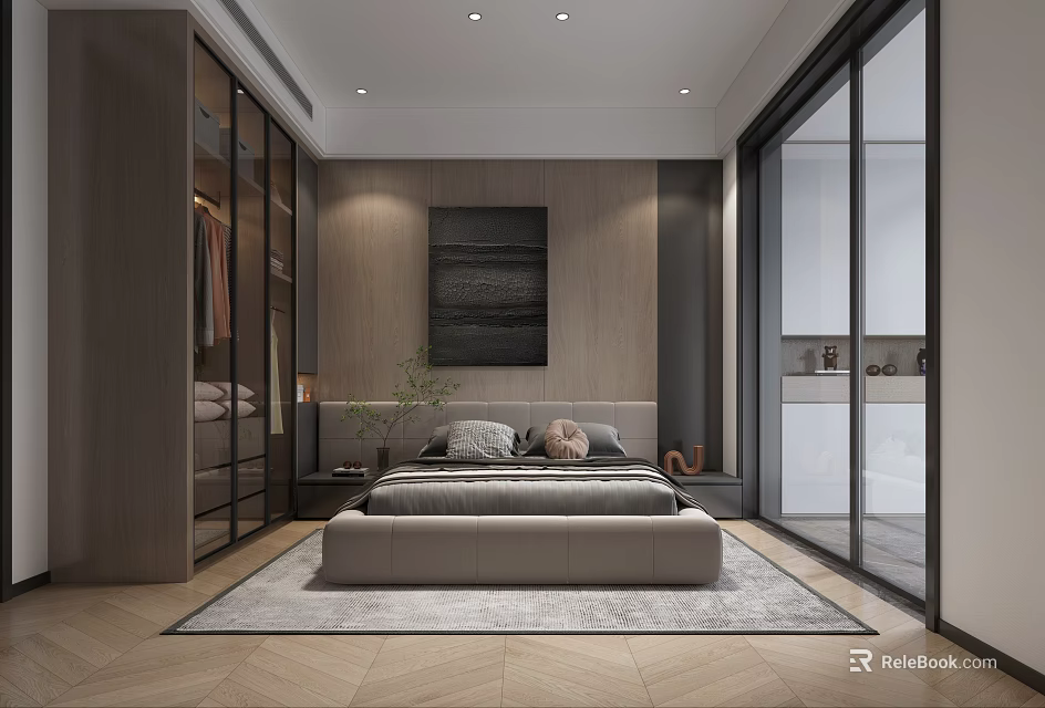 Modern Bedroom Interior With Wooden Elements Glass Door Wardrobe Gray Bedding And Dark Wall Art 3d model 