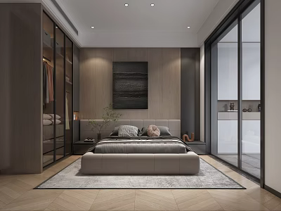 Modern Bedroom Interior With Wooden Elements Glass Door Wardrobe Gray Bedding And Dark Wall Art 3d model