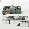 Green And White Modular Sofa Set With Plaid Cushions And Throw Blankets 3d model