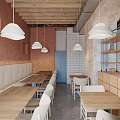 Cozy Restaurant Interior With Arched Ceiling Brick Walls Pendant Lights And Wooden Dining Tables
