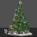 Decorated Christmas Tree With Sparkling Lights Red Orange Ornaments White Ribbons And Merry Christmas Base