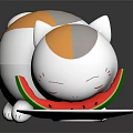 Plump White And Orange Cartoon Cat Eating Watermelon Slice On White Plate Over Black Surface