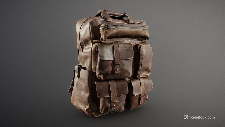 Brown Leather Backpack With Multiple Front Pockets And Practical Compartments For Daily Use 3d model 