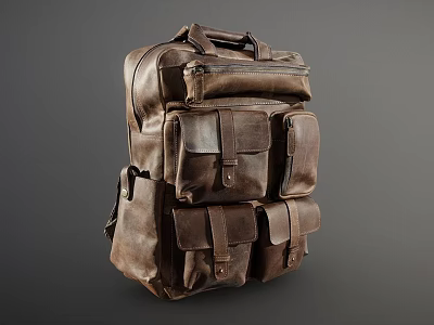 Brown Leather Backpack With Multiple Front Pockets And Practical Compartments For Daily Use 3d model