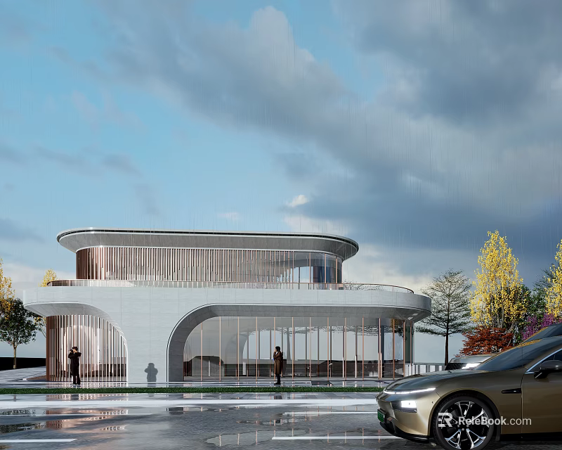 Contemporary Sales Office Building With Curved Glass Facade And Entrance Design 3d model 