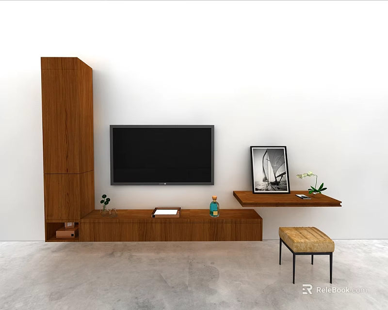 Wooden TV Stand with TV Tall Cabinet Framed Photo Potted Plant and Stool 3d model 