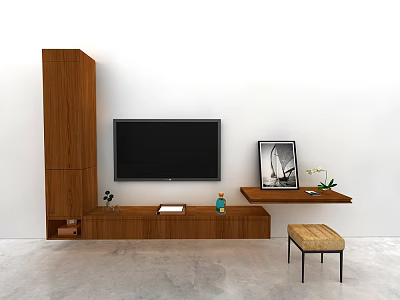 Wooden TV Stand with TV Tall Cabinet Framed Photo Potted Plant and Stool 3d model