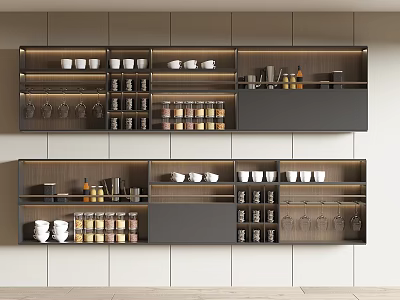 Modern Gray and Wooden Storage Shelving Unit with Cups Jars Bottles for Kitchen Storage Organization 3d model