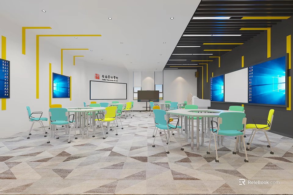 School Modern Classroom With Open Layout Desks Chairs Computers Screens And Yellow Decorative Lines 3d model 