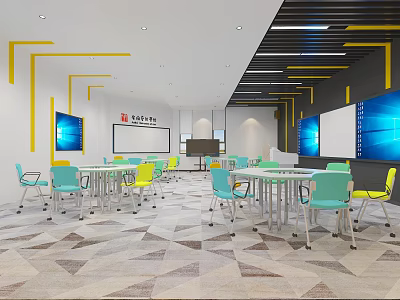School Modern Classroom With Open Layout Desks Chairs Computers Screens And Yellow Decorative Lines 3d model