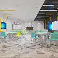 School Modern Classroom With Open Layout Desks Chairs Computers Screens And Yellow Decorative Lines