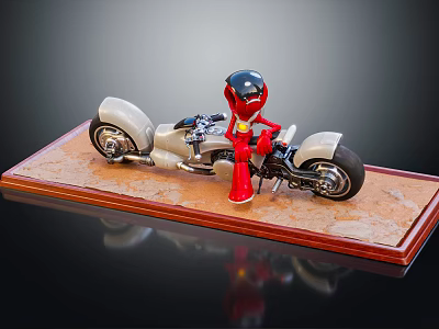 White Motorcycle Model Display With Black Helmet Red Clothed Figure On Brown Wooden Base 3d model