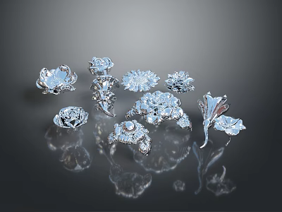 Silver Floral Leaf Shaped Clothing Accessories Shiny Reflective Brooches And Rings 3d model