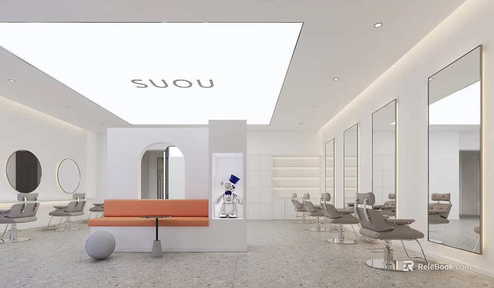 Modern Beauty Salon Interior Design With Orange Bench Mirrors And Hair Chairs 3d model 