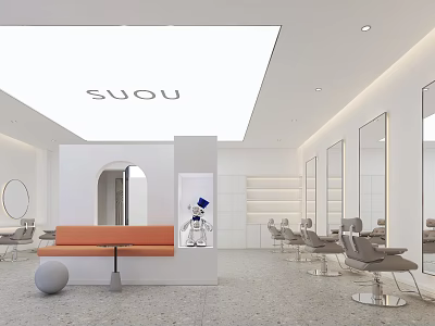 Modern Beauty Salon Interior Design With Orange Bench Mirrors And Hair Chairs 3d model