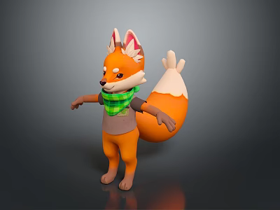 Cute Orange Cartoon Fox Character Wearing Green Scarf And Gray Shirt With White Tipped Tail 3d model