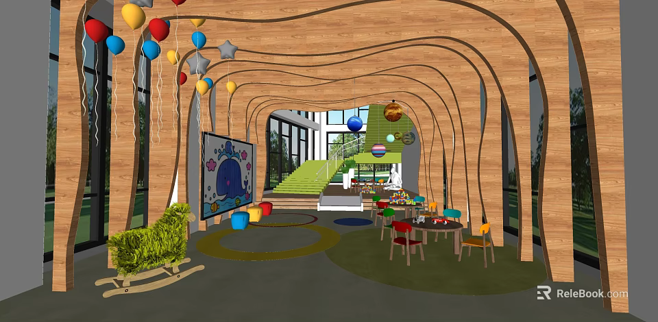 Colorful Kindergarten Interior With Hanging Balloons Art Mural Green Stairs And Play Tables 3d model 