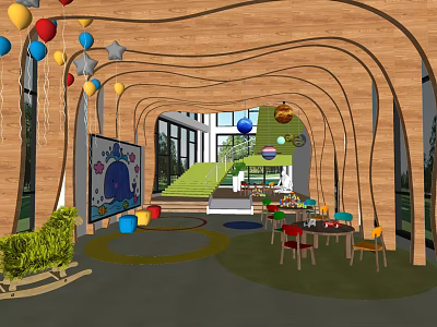 Colorful Kindergarten Interior With Hanging Balloons Art Mural Green Stairs And Play Tables 3d model