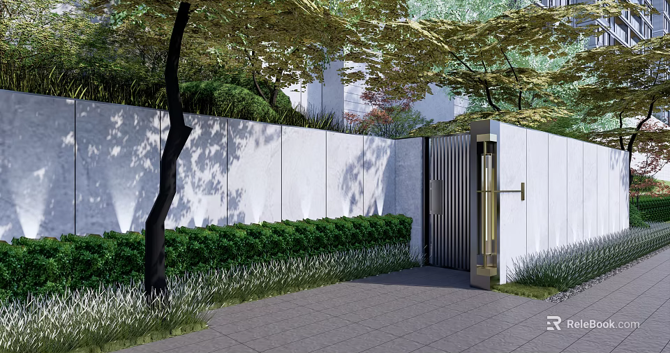 Modern Landscape Wall Design With White Panels Green Hedge And Metal Gate 3d model 