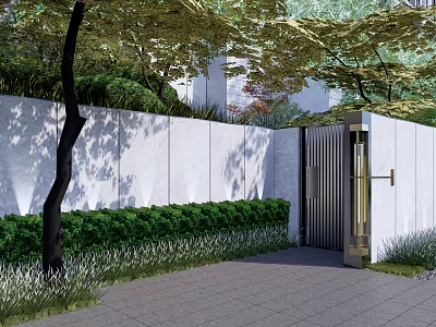 Modern Landscape Wall Design With White Panels Green Hedge And Metal Gate 3d model