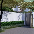 Modern Landscape Wall Design With White Panels Green Hedge And Metal Gate