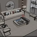 Chinese Style Beige Sofa Coffee Table Set With Cushions Side Tables And Round Wall Art 3d model