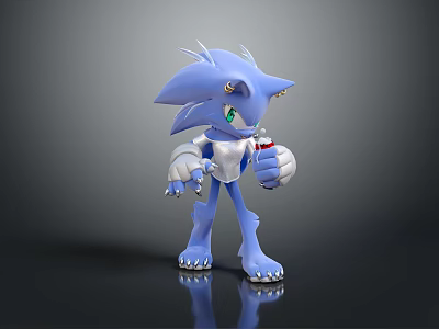 Blue Spiked Hedgehog Game Movie Character With Green Eyes White Gray Armor Holding Red Object 3d model