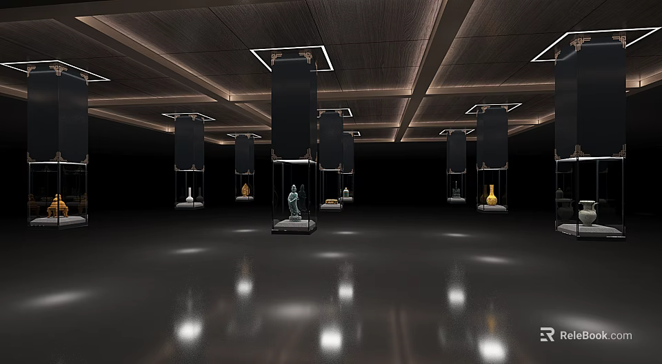Black Column Style Display Shelves With Square Lights Showcasing Sculptures On Glossy Dark Floor 3d model 