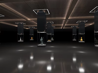 Black Column Style Display Shelves With Square Lights Showcasing Sculptures On Glossy Dark Floor 3d model