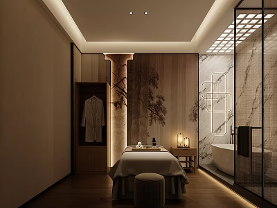 Luxurious SPA Sauna Interior With Massage Table Robe Wooden Decor Marble Walls And Soft Lighting 3d model