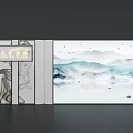 Feng Shui Themed Background Wall Design With Landscape Patterns And Arch Details