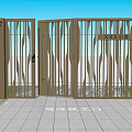 Modern Open Iron Gate With Wavy Patterns And Greenery Walls On Tile Pathway 3d model