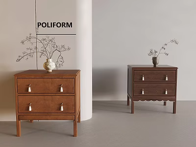 POLIFORM Wooden Bedside Tables with Drawers and Metal Handles and Decorative Vase in Modern Interior 3d model