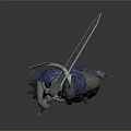 Man In Blue Armor With Cloak And Sword In Fantasy Style Standing