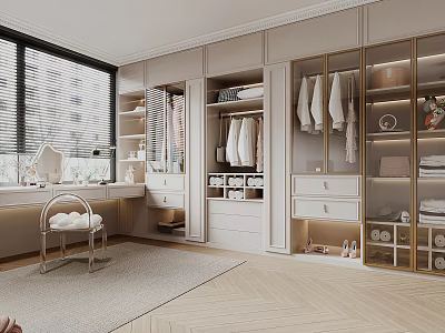 Luxury Walk in Closet Design With Natural Light Dressing Table And Built in Cabinets 3d model