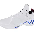 White Basketball Shoes With Blue Checkerboard Accents And Jordan Logo On Mesh Upper