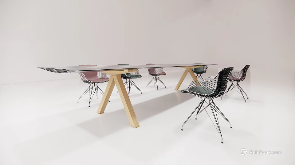 Modern Office Desk With Glass Tabletop Wooden Legs And Black Metal Chairs 3d model 
