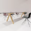 Modern Office Desk With Glass Tabletop Wooden Legs And Black Metal Chairs