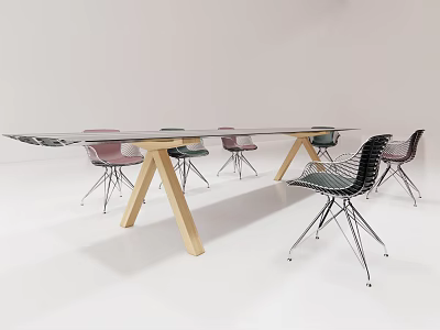 Modern Office Desk With Glass Tabletop Wooden Legs And Black Metal Chairs 3d model