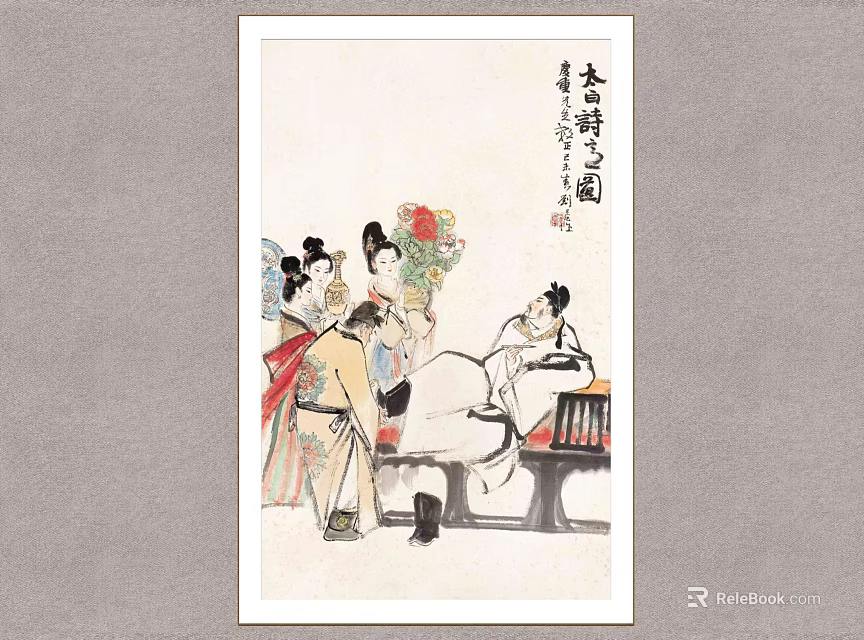 Traditional Chinese Figure Painting Depicting Ancient Women In Traditional Clothing With Floral Bouquet 3d model 
