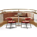 Public Chair Design With Curved Wooden Seating And Tables For Casual Public Area