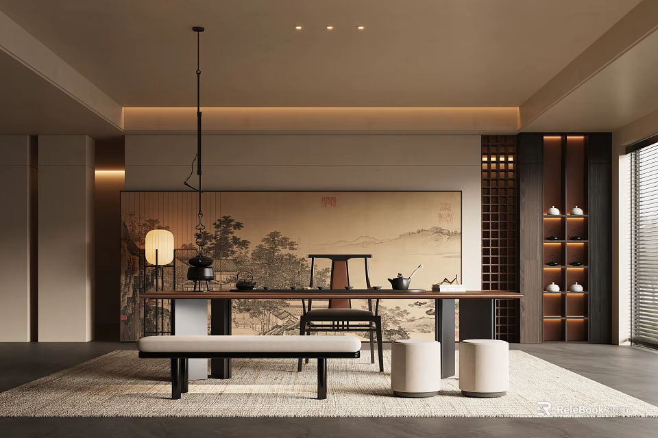 Modern Chinese Tea Room With Long Table Bench Round Cushions And Scroll Painting 3d model 