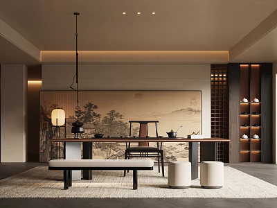 Modern Chinese Tea Room With Long Table Bench Round Cushions And Scroll Painting 3d model