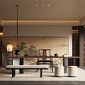 Modern Chinese Tea Room With Long Table Bench Round Cushions And Scroll Painting