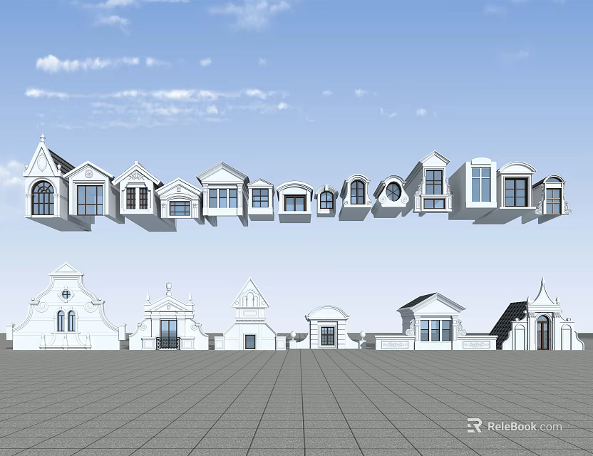 White Architectural Building Models With Various Roof Styles And Window Details 3d model 