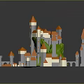 Colorful Cartoon Scenery Featuring Castle Green Hill And Orange Roof Small Buildings